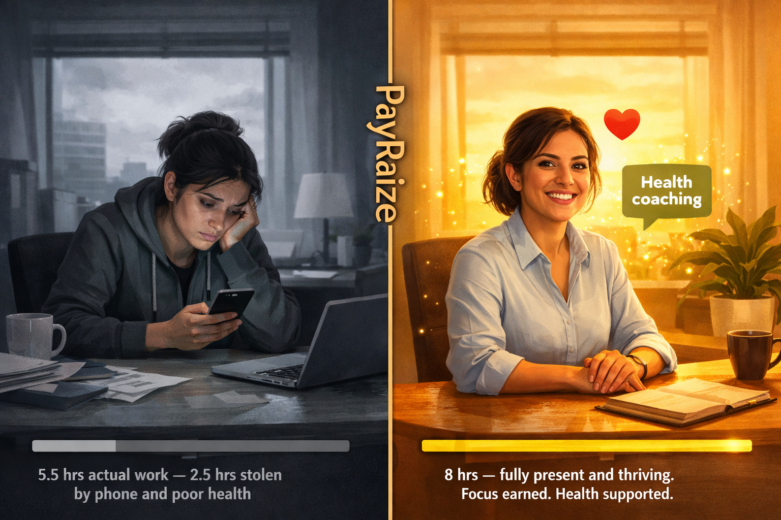 PayRaize before and after — distracted and unwell vs focused and thriving